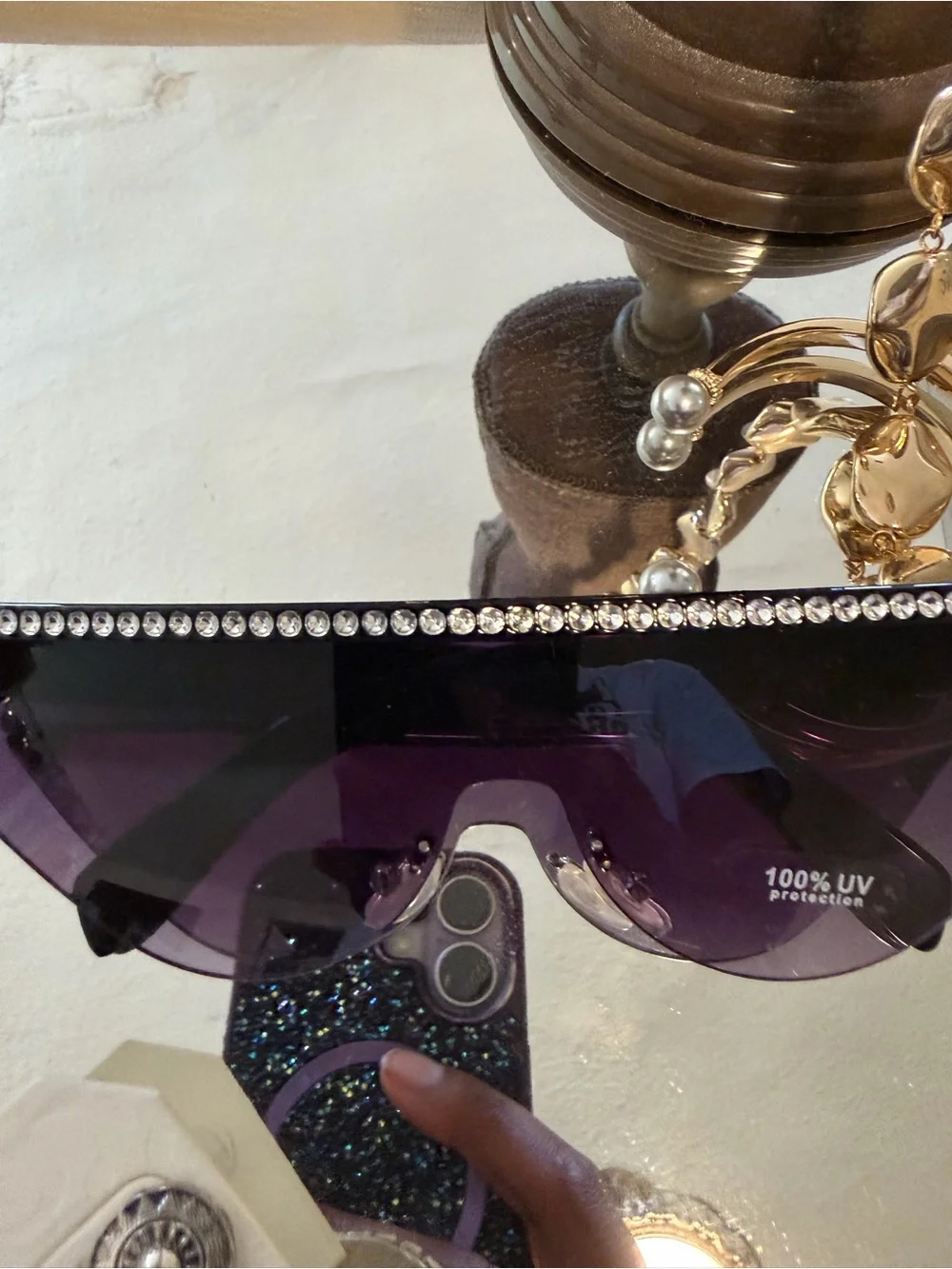 Designer-Inspired Women’s Rhinestone Shield Sunglasses - Purple